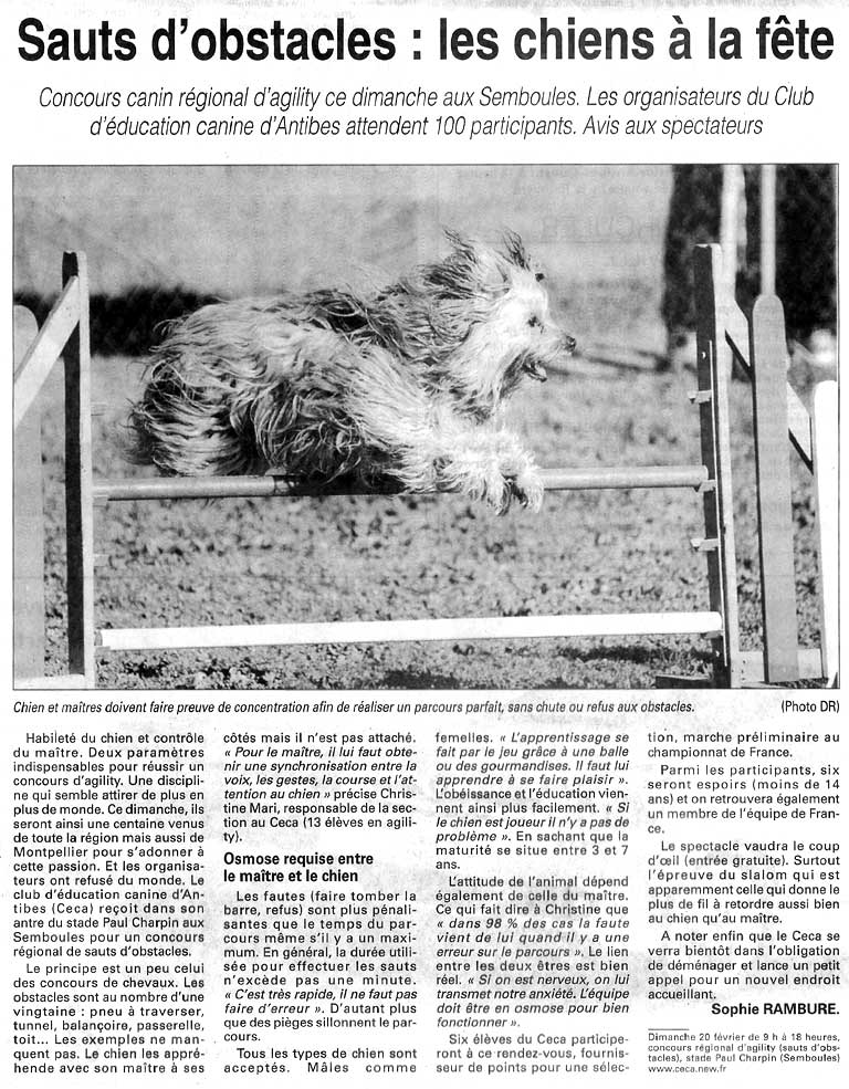 Article de Nice Matin, Edition d'Antibes du 18/02/05